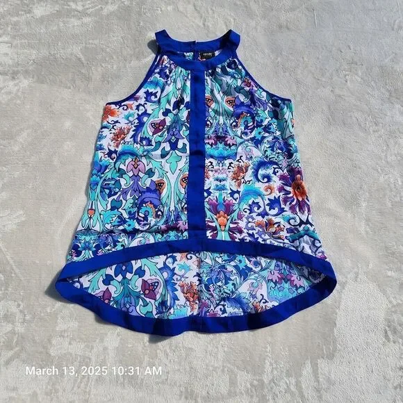 Nicole Miller Sz Large Multicolor Floral Sleeveless High Low Hem Button Back Top - Picture 1 of 11